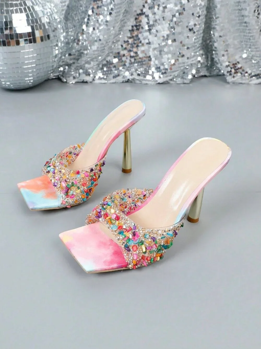 Pink Elegant Women's Crystal Embellished High Heel Sandals - Picture 2 of 7